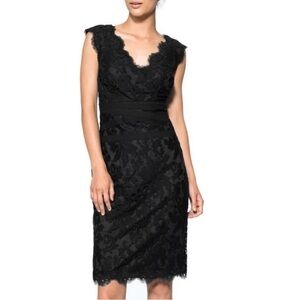 Tadashi Shoji Marina Black Embroidered Lace Banded Sheath Dress 16 V neck back